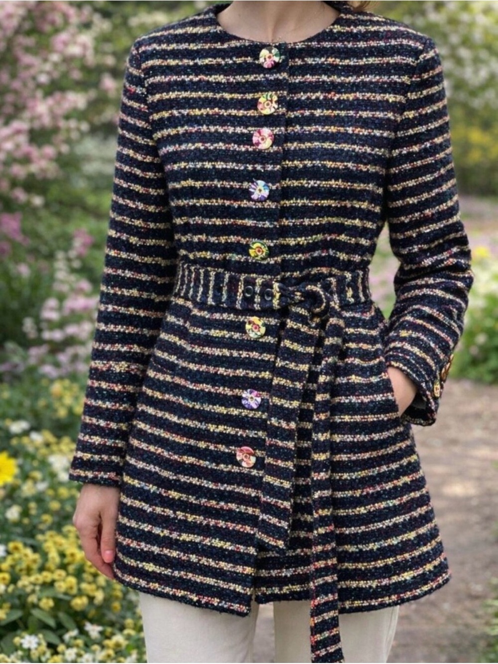 CAbi Headline Topper Coat in Navy Multicolor Striped Bouclé